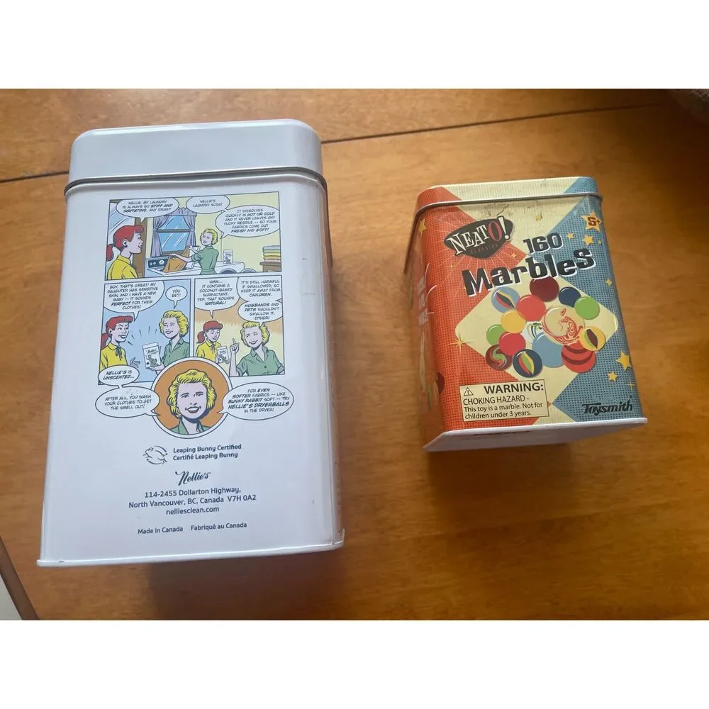 Lot of 2 Tins Nellie's Laundry Detergent & Neto Marbles ~Storage Advertising